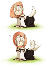 Rule 34 | 1girl, :3, all fours, animal ears, detached sleeves, pet cone, female focus, flying sweatdrops, hat, inubashiri momiji, short hair, solo, tail, tail wagging, tears, tokin hat, touhou, urin, white hair, wolf ears, wolf tail