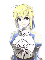 Rule 34 | 1girl, ahoge, armor, artoria pendragon (all), artoria pendragon (fate), blonde hair, dress, fate/stay night, fate (series), female focus, gauntlets, green eyes, hair ribbon, level.21, puffy sleeves, ribbon, saber (fate), simple background, solo, upper body, white background