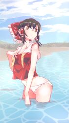 1girl absurdres bare_arms bare_shoulders black_hair bow breasts brown_eyes closed_mouth collarbone day dot_mouth dot_nose frilled_bow frills hair_bow hakurei_reimu highres medium_hair non_(z-art) outdoors panties partially_submerged red_bow red_shirt shirt sleeveless sleeveless_shirt small_breasts solo standing touhou underwear water white_panties