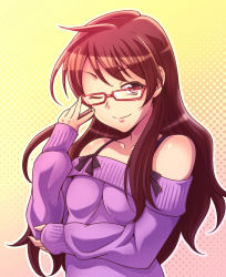Rule 34 | 1girl, breasts, brown hair, e20, female focus, glasses, gradient background, halftone, halftone background, highres, one eye closed, original, pink eyes, smile, solo, sweater, upper body, wink