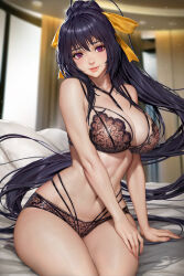 Rule 34 | 1girl, bed, black hair, bra, breasts, commentary, english commentary, hair ribbon, high ponytail, high school dxd, highres, himejima akeno, lace, lace bra, lace panties, large breasts, light particles, looking at viewer, neoartcore, orange ribbon, panties, parted lips, purple eyes, ribbon, sitting, solo, thighs, underwear, underwear only
