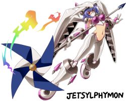 Rule 34 | 00s, 1girl, arai nobu, armor, blue hair, boots, digimon, digimon (creature), digimon frontier, gauntlets, gloves, jetsilphymon, mask, mouth mask, navel, pauldrons, pinwheel, polearm, red eyes, shoulder armor, simple background, solo, spear, text focus, weapon, white gloves