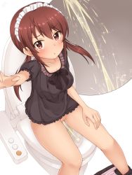 Rule 34 | 1girl, arm up, artist name, azuma (azumapic), black bow, black bowtie, black shirt, black skirt, blush, bow, bowtie, breasts, brown eyes, brown hair, cleavage, cleft of venus, close-up, clothes pull, collarbone, female focus, from above, heart, heart-shaped pupils, highres, long hair, looking at viewer, maid headdress, matching hair/eyes, medium breasts, open mouth, original, outstretched arm, panties, panty pull, peeing, pink panties, pussy, shirt, short sleeves, signature, simple background, sitting, skirt, skirt pull, solo, sparkle, sweat, symbol-shaped pupils, tears, toilet, toilet use, twintails, uncensored, underwear, white background
