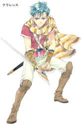 Rule 34 | 1boy, agahari, arm guards, belt, blue eyes, blue hair, boots, brown footwear, cape, character request, fighting stance, full body, holding, holding sword, holding weapon, knee boots, legs apart, light smile, looking at viewer, lost technology, male focus, non-web source, pants, pants tucked in, popped collar, red shirt, scarf, shirt, short hair, short sleeves, sideways glance, simple background, solo, squatting, standing, striped cape, striped clothes, striped scarf, sword, undercut, unsheathed, weapon, white background, white pants, yellow cape, yellow scarf