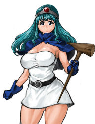 Rule 34 | 1girl, 66head, bad id, bad pixiv id, belt, blue eyes, blue hair, breasts, chunsoft, circlet, club (weapon), dragon quest, dragon quest iii, dress, enix, gloves, large breasts, long hair, matching hair/eyes, sage (dq3), solo, strapless, strapless dress, thighs, tube dress, weapon