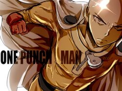 Rule 34 | 1boy, bald, belt, bodysuit, cape, clenched hand, closed mouth, commentary request, english text, gloves, male focus, matryoshka (borscht), one-punch man, red gloves, saitama (one-punch man), solo, white cape, yellow bodysuit