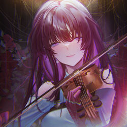 Rule 34 | 1girl, absurdres, alternate hair length, alternate hairstyle, bare shoulders, bow (music), breasts, collared shirt, commentary, earrings, english commentary, fuyuumikou, hair between eyes, highres, holding, holding instrument, holding violin, honkai: star rail, honkai (series), instrument, jewelry, kafka (honkai: star rail), large breasts, long hair, looking at viewer, music, playing instrument, purple eyes, purple hair, shirt, smile, solo, spider web print, upper body, violin, white shirt