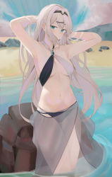 Rule 34 | 1girl, an-94 (girls&#039; frontline), aqua eyes, armpits, arms behind head, arms up, bare shoulders, beach, bikini, blue sky, blush, breasts, cleavage, cloud, criss-cross halter, girls&#039; frontline, hair ornament, hair over mouth, hairband, hairclip, halterneck, highres, long hair, medium breasts, mountainous horizon, multicolored bikini, multicolored clothes, navel, ocean, partially submerged, ru zhai, sand, sarong, shore, sidelocks, silver hair, sky, stomach, swimsuit, water