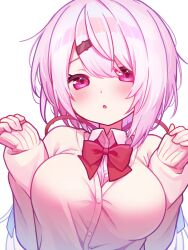Rule 34 | 1girl, :o, blush, bow, bowtie, breasts, brown cardigan, cardigan, collared shirt, commentary, fingernails, hair ornament, hair ribbon, hairclip, hands up, highres, huge breasts, long hair, long sleeves, looking at viewer, namin (anjpzaobmhbppxs), nijisanji, pink eyes, pink hair, red bow, red bowtie, red ribbon, ribbon, shiina yuika, shiina yuika (1st costume), shirt, simple background, sleeves past wrists, solo, upper body, virtual youtuber, white background, white shirt