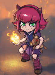Rule 34 | 1girl, animal ears, annie (league of legends), brown footwear, collared shirt, fake animal ears, green eyes, holding, holding flame, holding stuffed toy, kneehighs, league of legends, miniskirt, phantom ix row, puffy short sleeves, puffy sleeves, red hair, shirt, shoes, short hair, short sleeves, skirt, smile, socks, solo, standing, stuffed animal, stuffed toy, teddy bear, v-shaped eyebrows, vest