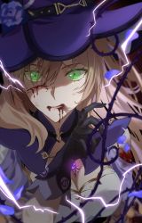 Rule 34 | 1girl, absurdres, black gloves, blood, blood from mouth, blood on face, breasts, brown hair, cleavage, dress, flower, genshin impact, gloves, green eyes, hair between eyes, hair flower, hair ornament, hat, hat belt, hat flower, highres, large breasts, lightning, lisa (genshin impact), long hair, looking at viewer, low tied hair, multicolored clothes, multicolored dress, purple flower, purple hat, purple rose, rose, vision (genshin impact), witch, witch hat, yamabuki0211