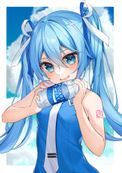Rule 34 | 1girl, absurdres, aqua nails, bare arms, bare shoulders, blue eyes, blue hair, blue ribbon, blue shirt, blue sky, blush, border, bottle, breasts, cloud, cloudy sky, collared shirt, commentary, hair between eyes, hair ribbon, hatsune miku, highres, holding, holding bottle, long hair, necktie, number tattoo, open mouth, outside border, pocari sweat, ribbon, ryaru ryaru, shirt, shoulder tattoo, sky, sleeveless, sleeveless shirt, small breasts, smile, solo, tattoo, twintails, two-tone ribbon, upper body, vocaloid, water bottle, white border, white necktie, white ribbon