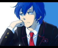 Rule 34 | 10s, 1boy, bad id, bad pixiv id, blue hair, close-up, frown, green eyes, head rest, letterboxed, male focus, mawaru penguindrum, solo, takakura shouma, white background