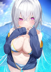 Rule 34 | 1girl, absurdres, bare shoulders, bikini, bikini under clothes, blue jacket, blue sky, blush, breasts, cleavage, closed mouth, cloud, collarbone, commentary request, day, grey hair, hair between eyes, hands up, highres, jacket, kamioka shun&#039;ya, large breasts, long hair, long sleeves, off shoulder, open clothes, open jacket, original, outdoors, purple eyes, shiori (kamioka shun&#039;ya), sky, sleeves past wrists, solo, striped bikini, striped clothes, sweat, swimsuit, very long hair, water, wet