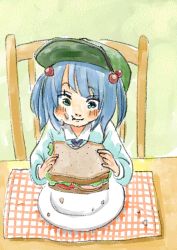 Rule 34 | 1girl, black ribbon, blue eyes, blue hair, blush, blush stickers, bread, chair, cheese, eating, food, food on face, hair bobbles, hair ornament, hat, kawashiro nitori, lettuce, long sleeves, matching hair/eyes, nekojin, plate, ribbon, sandwich, shirt, short hair, sitting, sliced, solo, table, tomato, touhou, traditional media, twintails, two side up