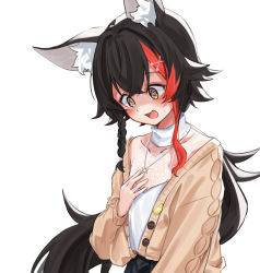 Rule 34 | 1girl, @ @, alternate breast size, animal ear fluff, animal ears, black hair, braid, brown cardigan, brown eyes, cardigan, commentary request, daichi (daichi catcat), flat chest, hair ornament, hand on own chest, highres, hololive, long hair, long sleeves, looking down, multicolored hair, ookami mio, ookami mio (street), open cardigan, open clothes, open mouth, red hair, shirt, simple background, solo, streaked hair, upper body, very long hair, virtual youtuber, white background, white shirt, wolf ears, x hair ornament