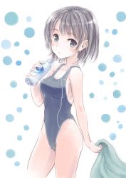 Rule 34 | 1girl, bad id, bad pixiv id, bare shoulders, black eyes, black hair, blush, bottle, breasts, cameltoe, cleavage, competition swimsuit, fujita hidetoshi, groin, highleg, highleg swimsuit, looking at viewer, one-piece swimsuit, original, school swimsuit, short hair, simple background, solo, swimsuit, towel