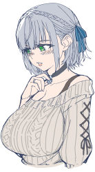 Rule 34 | 1girl, black choker, blush, breasts, choker, cleavage, collarbone, eyebrows hidden by hair, green eyes, grey hair, grey sweater, hair behind ear, highres, hololive, large breasts, off-shoulder sweater, off shoulder, official alternate costume, parted lips, sazare (sazare az), shirogane noel, shirogane noel (casual), short hair, sketch, solo, sweater, upper body, virtual youtuber, white background