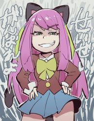 Rule 34 | 10s, 1girl, animal ears, cat ears, cat tail, cowboy shot, green eyes, grin, hands on own hips, hashimoto nyaa, looking at viewer, multicolored hair, osomatsu-san, osomatsu (series), pink hair, sanjiro (tenshin anman), school uniform, shaded face, skirt, smile, solo, streaked hair, tail, translation request