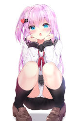 Rule 34 | 1girl, black sailor collar, black skirt, black socks, blue eyes, blush, brown footwear, chestnut mouth, commentary, hair between eyes, hair ornament, hairclip, hands up, heart, heart hair ornament, highres, kneehighs, kouda suzu, loafers, long hair, long sleeves, looking at viewer, neck ribbon, one side up, open mouth, original, panties, partially visible vulva, pigeon-toed, pink hair, pleated skirt, red ribbon, ribbon, sailor collar, school uniform, serafuku, shirt, shoes, skirt, socks, solo, squatting, underwear, very long hair, white background, white panties, white shirt