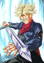 Rule 34 | 1boy, absurdres, black hair, blonde hair, blue background, dragon ball, dragonball z, fighting stance, green eyes, greymon (nodoame1215), highres, jacket, kerchief, looking at viewer, male focus, official style, serious, short hair, solo, spiked hair, super saiyan, sword, trunks (dragon ball), trunks (future) (dragon ball), weapon