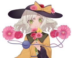Rule 34 | 1girl, bad id, bad twitter id, black hat, bow, flower, frilled bow, frills, green eyes, hat, heart, heart of string, holding, holding flower, komeiji koishi, long sleeves, marimo tarou, pink flower, red flower, red rose, rose, shirt, short hair, silver hair, simple background, smile, solo, third eye, touhou, white background, yellow bow, yellow shirt