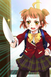 Rule 34 | 1girl, ahoge, backpack, bag, blazer, blush, bow, flat chest, hand on own hip, hip focus, jacket, knife, lowres, open mouth, pantyhose, plaid, plaid skirt, pleated skirt, randoseru, red hair, school uniform, short hair, skirt, solo, sword girls, thighhighs, two side up, weapon, yellow eyes