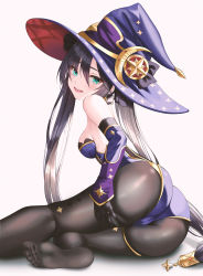 Rule 34 | 1girl, ass, bare shoulders, black gloves, black hair, black pantyhose, blue eyes, breasts, detached sleeves, feet, fine fabric emphasis, from behind, genshin impact, gloves, hand on own ass, hat, highres, leotard, long hair, long sleeves, looking at viewer, medium breasts, michelan, mona (genshin impact), no shoes, open mouth, pantyhose, purple hat, purple leotard, shadow, sidelocks, simple background, sitting, smile, solo, strapless, strapless leotard, thighlet, thighs, very long hair, white background, witch hat, yokozuwari