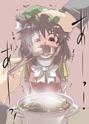 Rule 34 | 1girl, abuse, animal ears, bow, brown hair, cat&#039;s tongue, cat ears, cat girl, chen, chopsticks, feeding, female focus, food, force-feeding, gag, gagged, gaoo (frpjx283), hand on another&#039;s head, hat, oden, open mouth, red eyes, ring gag, saliva, solo, tears, touhou, trembling
