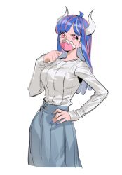 Rule 34 | 1girl, ahoge, blue hair, blue nails, blue skirt, covered mouth, curled horns, dinosaur girl, hand on own hip, horns, long hair, long sleeves, mask, mouth mask, multicolored hair, one piece, pink eyes, pink hair, pink mask, raine (acke2445), shirt, skirt, solo, streaked hair, ulti (one piece), white shirt