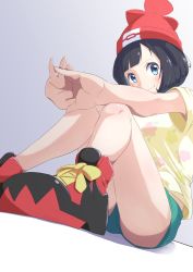 Rule 34 | 1girl, absurdres, bare legs, beanie, black hair, blue eyes, closed mouth, commentary request, creatures (company), eyelashes, floral print, from below, game freak, green shorts, hat, highres, negimiso1989, nintendo, no socks, own hands together, partially visible vulva, pokemon, pokemon sm, red hat, selene (pokemon), shirt, shoes, short hair, short shorts, short sleeves, shorts, sitting, smile, sneakers, solo, t-shirt