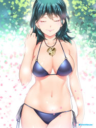 Rule 34 | 1girl, alternate costume, bare arms, bare shoulders, bikini, blue bikini, breasts, byleth (female) (fire emblem), byleth (fire emblem), closed eyes, commentary, cowboy shot, etchimune, facing viewer, fire emblem, fire emblem: three houses, green hair, halterneck, hand up, jewelry, large breasts, long hair, navel, nintendo, pendant, pink lips, side-tie bikini bottom, smile, solo, standing, stomach, string bikini, swimsuit