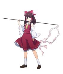 Rule 34 | 1girl, absurdres, ascot, bare shoulders, black footwear, bow, brown eyes, brown hair, closed mouth, commentary, detached sleeves, frilled bow, frilled hair tubes, frilled shirt collar, frilled skirt, frills, full body, gohei, hair bow, hair tubes, hakurei reimu, hand up, highres, holding, holding staff, kneehighs, leon (mikiri hassha), loafers, medium hair, midriff peek, orange eyes, over shoulder, red bow, red skirt, shide, shoes, sidelocks, simple background, skirt, smile, socks, solo, staff, standing, touhou, unconnected marketeers, white background, white socks, wide sleeves, yellow ascot