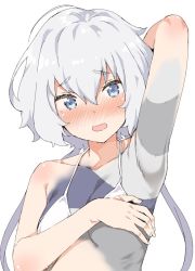 Rule 34 | 10s, 1girl, ahoge, arm behind head, armpits, bikini, blue eyes, blush, collarbone, covering privates, covering breasts, konno junko, long hair, looking at viewer, low twintails, makeup, mamedenkyuu (berun), open mouth, parted lips, silver hair, solo, stitched arm, stitched torso, stitches, swimsuit, twintails, wavy mouth, white background, white bikini, zombie, zombie land saga