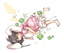 Rule 34 | 1girl, :3, barefoot, black hair, bob cut, carrot necklace, closed eyes, clover, dress, duplicate, four-leaf clover, full body, inaba tewi, jewelry, medium bangs, necklace, on floor, pillow, pink dress, primsla, rabbit tail, short hair, simple background, sleeping, solo, tail, touhou, white background