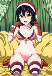 Rule 34 | 10s, 1girl, absurdres, black hair, boots, bra, breasts, cleavage, collarbone, copyright name, drape, gloves, hat, highres, himeragi yukina, kneeling, medium breasts, official art, panties, pillow, pink bra, pink panties, santa costume, santa hat, solo, strike the blood, striped clothes, striped thighhighs, thighhighs, underwear