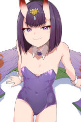 Rule 34 | 1girl, alternate costume, arm support, bare legs, bob cut, breasts, closed mouth, collarbone, commentary request, detached collar, fate/grand order, fate (series), from above, goten (510gensoku), headpiece, highres, horns, leotard, looking at viewer, oni, playboy bunny, purple eyes, purple hair, purple leotard, short hair, shuten douji (fate), sitting, skin-covered horns, small breasts, smile, solo, straight hair, thick eyebrows, thigh gap, wrist cuffs