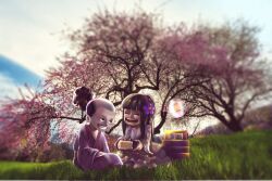 Rule 34 | 1boy, 1girl, ^ ^, black hair, cherry blossoms, child, closed eyes, flower, food, full body, grass, hair flower, hair ornament, high ponytail, highres, holding, holding food, huoshan shi niao, japanese clothes, kouzuki hiyori, kouzuki momonosuke, long hair, looking at another, on grass, one piece, open mouth, outdoors, ponytail, short ponytail, sitting, smile, teeth, traditional clothes, tree