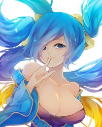 Rule 34 | 1girl, bare shoulders, blue eyes, blue hair, blush, breasts, chiroru (cheese-roll), cleavage, collarbone, dress, finger to mouth, hair ornament, highres, large breasts, league of legends, long hair, long sleeves, looking at viewer, off-shoulder dress, off shoulder, shushing, simple background, smile, solo, sona (league of legends), swept bangs, twintails, upper body, very long hair, white background, wide sleeves