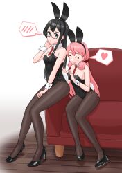 Rule 34 | 1girl, akashi (kancolle), animal ears, black footwear, black hair, black leotard, black pantyhose, blunt tresses, breasts, closed eyes, couch, detached collar, geometrie, green eyes, hair ribbon, heart, high heels, highres, kantai collection, leotard, long hair, matching outfits, necktie, ooyodo (kancolle), pantyhose, pink hair, playboy bunny, rabbit ears, rabbit tail, red necktie, ribbon, semi-rimless eyewear, simple background, sitting, small breasts, solo, spoken blush, spoken heart, strap slip, tail, tress ribbon, under-rim eyewear, white background, wooden floor, wrist cuffs