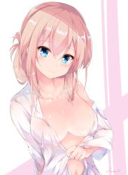 Rule 34 | 1girl, bare shoulders, blonde hair, blue eyes, blush, breasts, cleavage, collarbone, commentary request, folded ponytail, fuuna, large breasts, long hair, long sleeves, looking at viewer, navel, no bra, off shoulder, open clothes, open shirt, original, shiny skin, shirt, sidelocks, smile, solo, twitter username, upper body, white background, white shirt