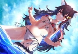 Rule 34 | 1girl, absurdres, animal ear fluff, animal ears, autumn leaves, bikini, black hair, blue sky, blush, breasts, cloud, cloudy sky, double fox shadow puppet, fox shadow puppet, groin, hair ornament, hairclip, highres, hololive, large breasts, long hair, looking at viewer, looking down, multicolored hair, ocean, ookami mio, ookami mio (hololive summer 2019), outdoors, red hair, shinwota, sky, smile, solo, stomach, streaked hair, swimsuit, tail, tail around own leg, tail wrap, thighs, two-tone hoodie, very long hair, virtual youtuber, wolf ears, wolf girl, wolf tail, yellow eyes