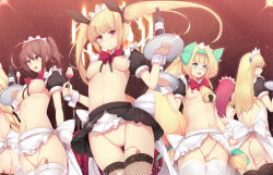 Rule 34 | 6+girls, alcohol, apron, ass, black legwear, blazblue, blonde hair, blue eyes, blush, bottle, bow, breasts, brown eyes, brown hair, casual nudity, celica a. mercury, censored, cup, daiaru, drinking glass, fishnet legwear, fishnets, functionally nude, gradient background, green eyes, lambda-11, long hair, maid headdress, medium breasts, multiple girls, nipples, noel vermillion, object insertion, open mouth, platinum the trinity, ponytail, pussy, pussy juice, rachel alucard, red bow, red eyes, red hair, revealing clothes, sex toy, short hair, skirt, small breasts, thigh gap, thighhighs, tray, tsubaki yayoi, twintails, vaginal, vaginal object insertion, vibrator, vibrator in thighhighs, waist apron, white legwear, wine glass, wrist cuffs