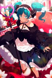 Rule 34 | 1girl, absurdres, apron, aqua hair, asami-chan, black dress, blue eyes, blurry, blurry background, choker, collarbone, dress, floating hair, gothic lolita, hairband, hatsune miku, highres, holding, holding staff, lolita fashion, lolita hairband, long hair, long sleeves, nail polish, red nails, solo, staff, standing, standing on one leg, twintails, vocaloid, waist apron, white apron, white choker