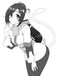 Rule 34 | 1girl, ainu clothes, animal ears, aquaplus, ass, bent over, black hair, blush, breasts, cat tail, closed mouth, curvy, dress, eyelashes, from side, greyscale, hair ornament, kuon (utawarerumono), long dress, long hair, long sleeves, looking at viewer, monochrome, ponytail, raised eyebrows, small breasts, smile, swept bangs, tail, unagimaru, utawarerumono, utawarerumono: itsuwari no kamen, very long hair