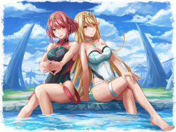 Rule 34 | 2girls, arm support, back-to-back, bare arms, bare legs, bare shoulders, barefoot, beach, black one-piece swimsuit, blonde hair, blue sky, blush, border, breasts, casual one-piece swimsuit, chest jewel, choker, cleavage, closed mouth, cloud, collarbone, commentary, competition swimsuit, covered collarbone, covered navel, day, diamond (shape), earrings, feet, feet out of frame, gem, grass, green gemstone, hair between eyes, halterneck, hand on own knee, highres, hip vent, interlocked fingers, jewelry, large breasts, leaning to the side, light smile, long hair, looking at viewer, medium breasts, multiple girls, mythra (radiant beach) (xenoblade), mythra (xenoblade), nintendo, on ground, one-piece swimsuit, open mouth, outdoors, outstretched arms, palms, pyra (pro swimmer) (xenoblade), pyra (xenoblade), red eyes, red hair, redpoke, ribbed swimsuit, short hair, sideboob, sidelocks, sitting, sky, smile, soaking feet, strap, strapless, strapless one-piece swimsuit, stretching, swept bangs, swimsuit, taut clothes, thighs, tiara, turtleneck, very long hair, water, wet, white border, white choker, white one-piece swimsuit, xenoblade chronicles (series), xenoblade chronicles 2, yellow eyes