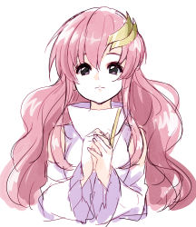 Rule 34 | 1girl, closed mouth, dress, eyebrows hidden by hair, gundam, gundam seed, hair between eyes, hair ornament, hands up, lacus clyne, long sleeves, looking at viewer, meito (maze), own hands together, pink hair, purple eyes, simple background, solo, white background, white dress, wide sleeves