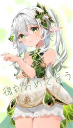Rule 34 | 1girl, aqua background, blush, genshin impact, green hair, hair ornament, highres, hinagikumonnme, leaf hair ornament, long hair, looking at viewer, multicolored background, multicolored hair, nahida (genshin impact), parted lips, pointy ears, shirt, shorts, solo, translation request, white background, white hair, white shirt, white shorts