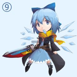 Rule 34 | circled 9, 1girl, advent cirno, belt, blue eyes, blue hair, bow, chibi, cirno, dress, food, hair bow, ice, ice wings, matching hair/eyes, mouth hold, multiple belts, orange scarf, popsicle, scarf, solo, sword, touhou, venomousblaze, watermark, weapon, web address, wings