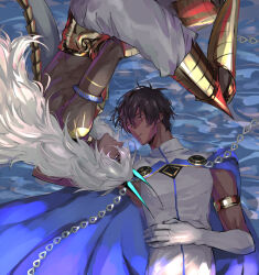 Rule 34 | 2boys, arjuna (fate), arjuna alter (fate), armor, black eyes, black hair, blue horns, cape, commentary request, dark-skinned male, dark skin, fate/grand order, fate (series), gloves, hair between eyes, horns, indian clothes, jewelry, long hair, looking at another, male focus, multiple boys, ripples, short hair, toned, toned male, upside-down, very long hair, water, white cape, white gloves, white hair, yamakawatani